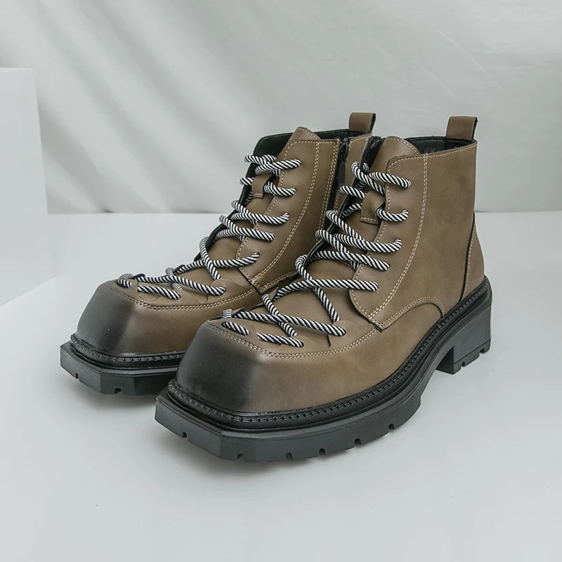 Autumn New Men Comfortable Lace Up Side Zipper High Top Leather Shoes Fashion Brand Round Toe Thick Soled Non Slip Outdoor Boots
