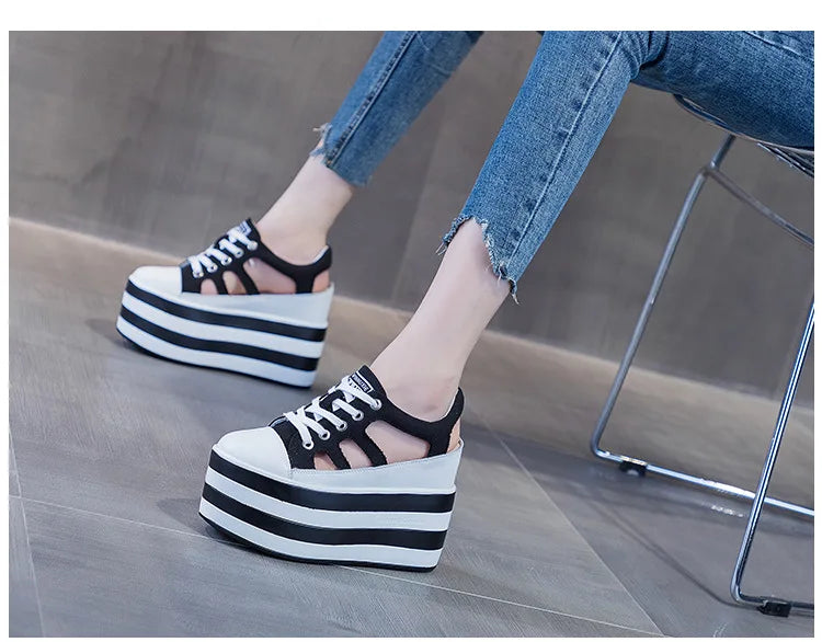 Fujin 12cm Platform Wedge Shoes Sandals for Women Sneakers Summer Shoes Hollow Cut Summer Sneakers Genuine Leather