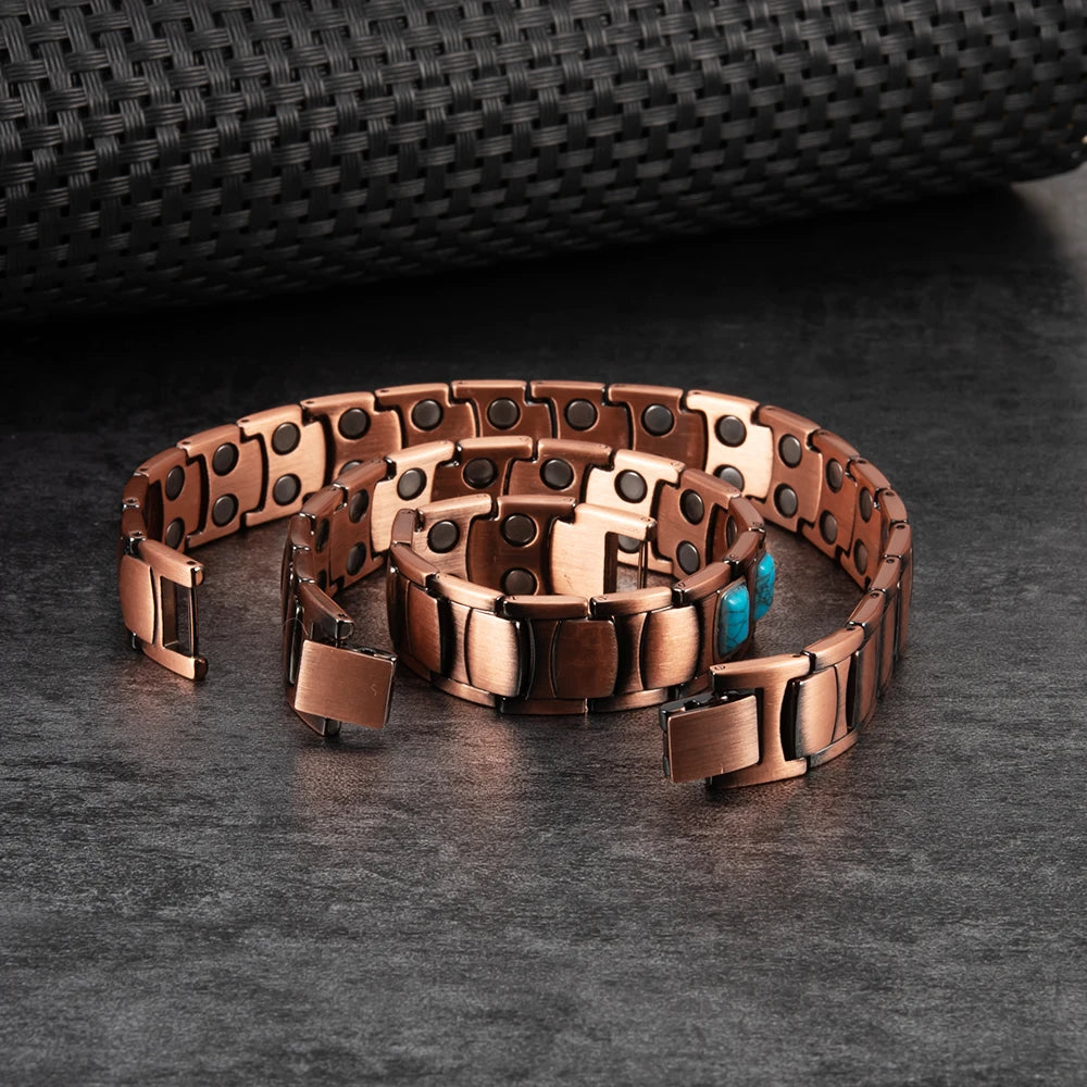 Pure Copper Magnetic Bracelet for Men Vintage Artificial Turquoise 14mm Wide Bracelets Benefits Chain Link Jewelry Waterproof