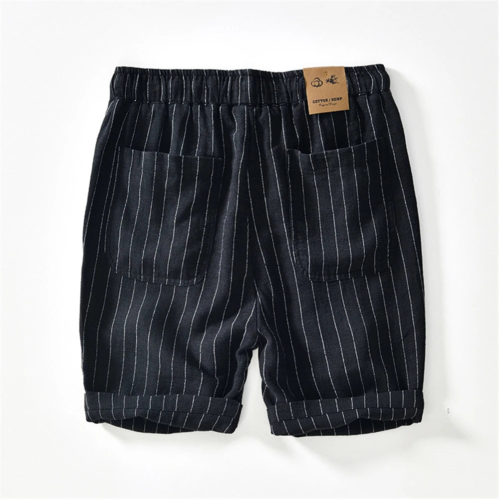 Summer cotton linen men's beach shorts loose fit breathable ramie striped straight daily causal pants for men