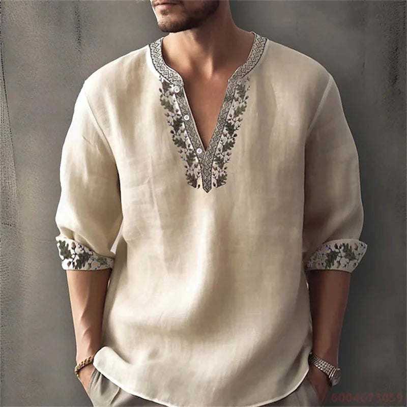2026 Summer New Men's Fashion Printed Shirt, Henley Collar, Long Sleeve, Ethnic Style, Loose Fit, Breathable, Casual Men's Top