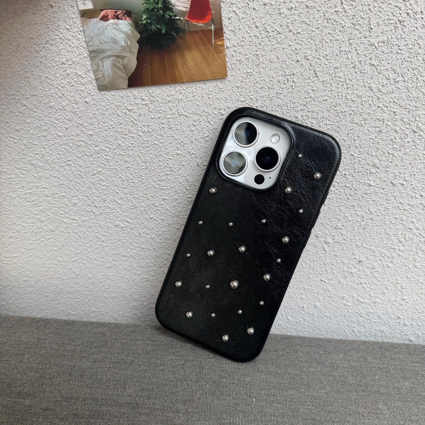 Chic iPhone case 17 16 15 14 Pro Max 17Air Case Fashion Advanced Black Leather Stereoscopic Small Round Bead Rivet Phone Cover