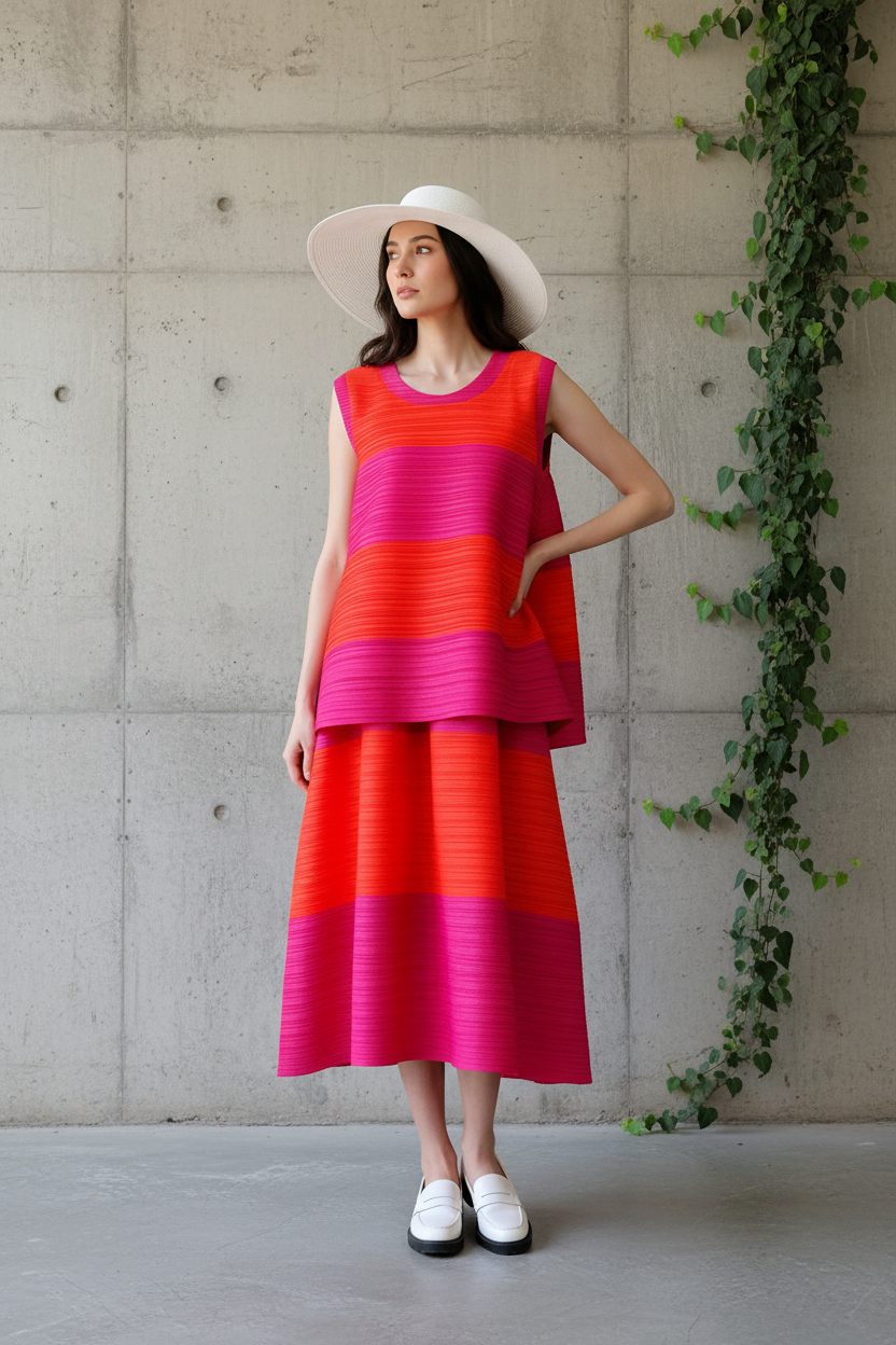 Miyake Pleated New Sleeveless Vest Tops Loose Button Skirts Large Size Two Piece Sets Women's Summer Fashion Designer Clothes