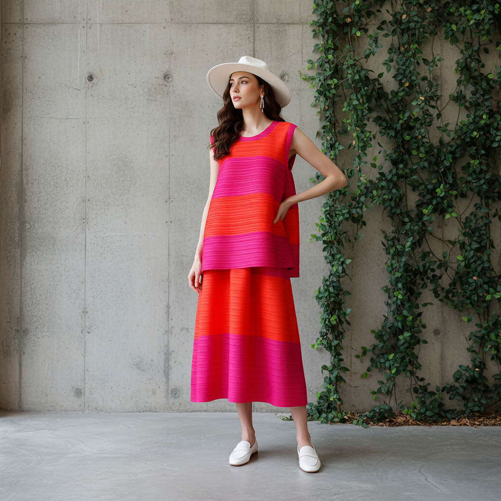 Miyake Pleated New Sleeveless Vest Tops Loose Button Skirts Large Size Two Piece Sets Women's Summer Fashion Designer Clothes