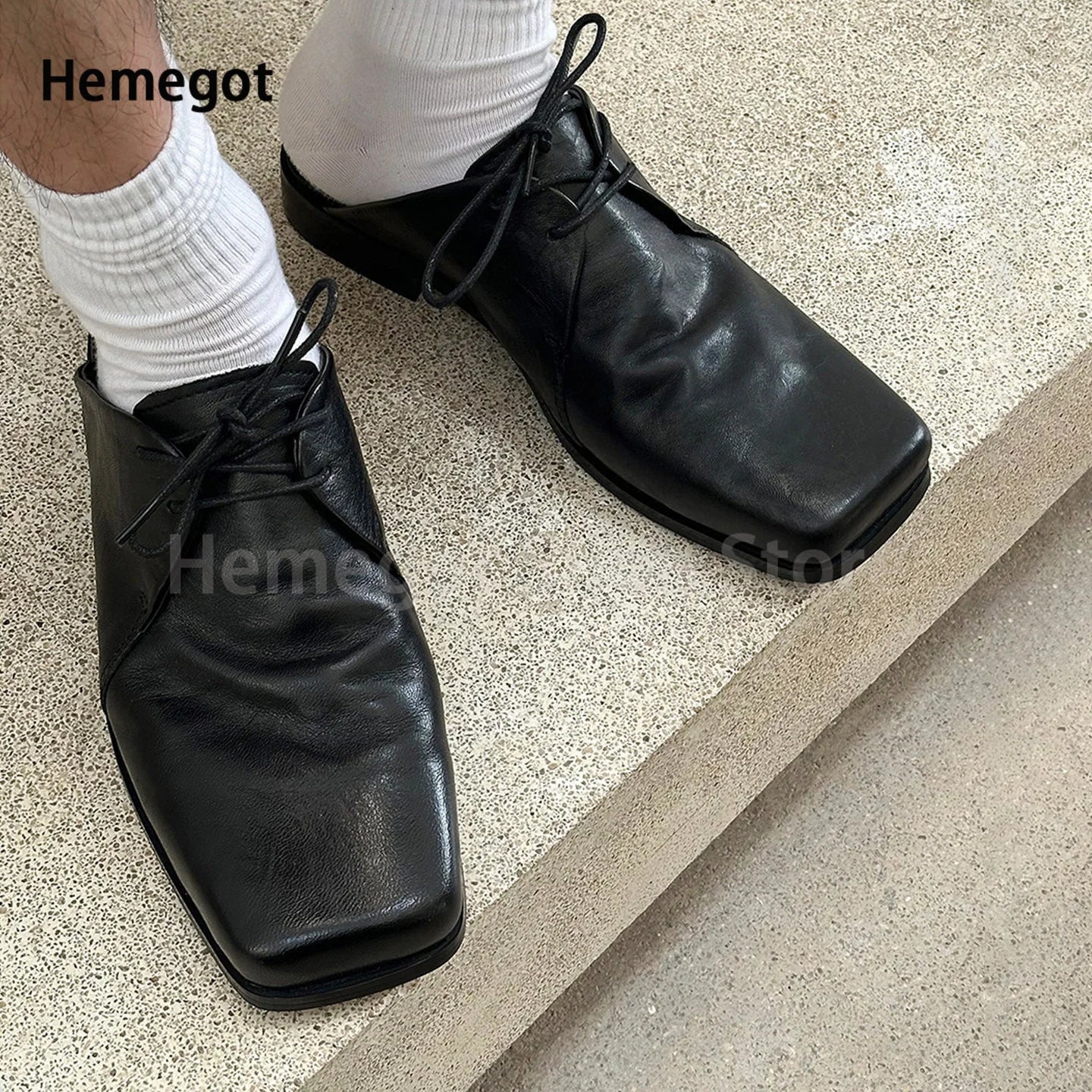 Black Leather Mules Slippers Men's Shoes Square Toe Lace-Up Flats Wear-Resistant Solid Color Casual Shoes Handmade Men's Shoes