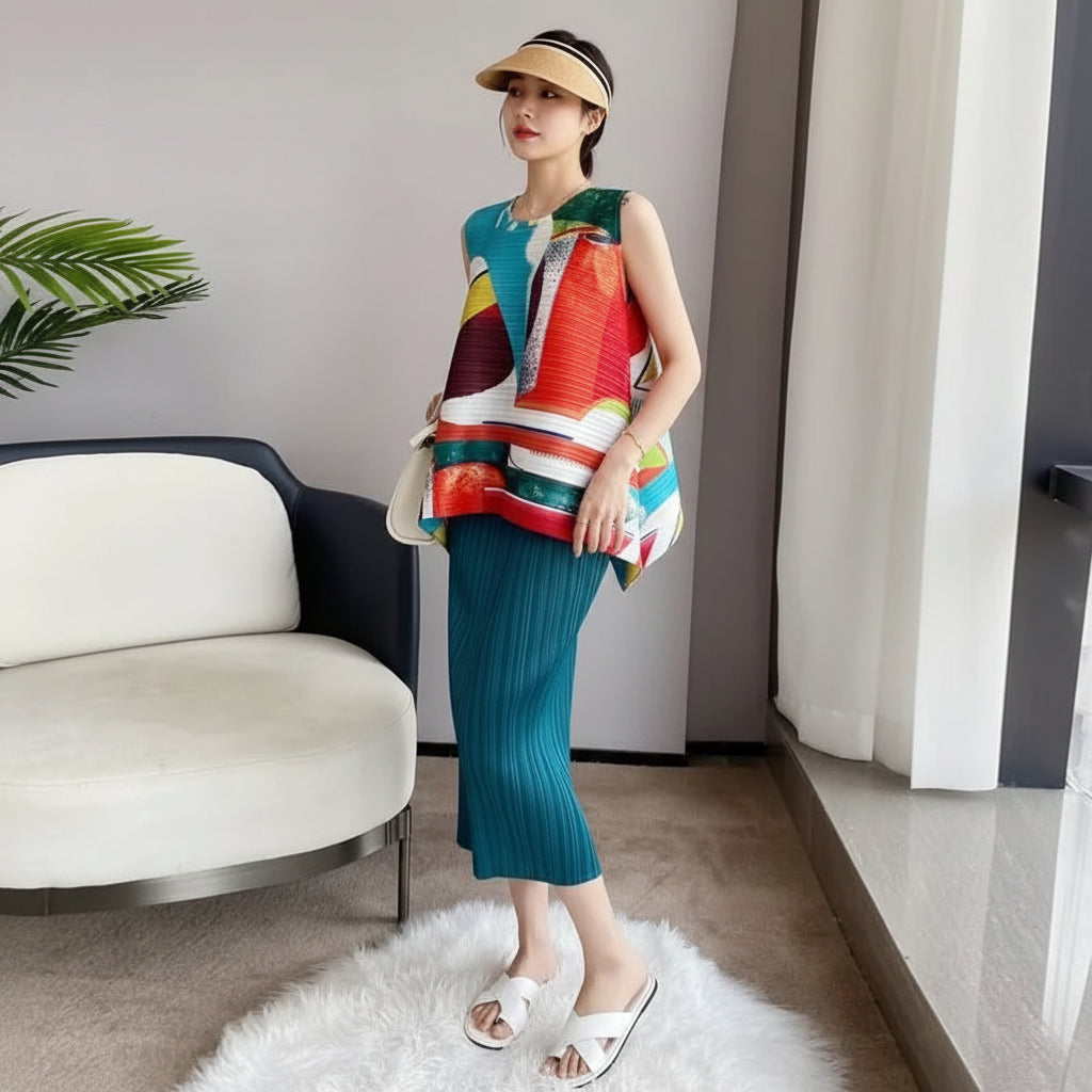 Woman Top Clothes Miyake Pleated Fashion Age-reducing Printed Vest top Large Size T-shirt Short Loose Design Shirt Summer