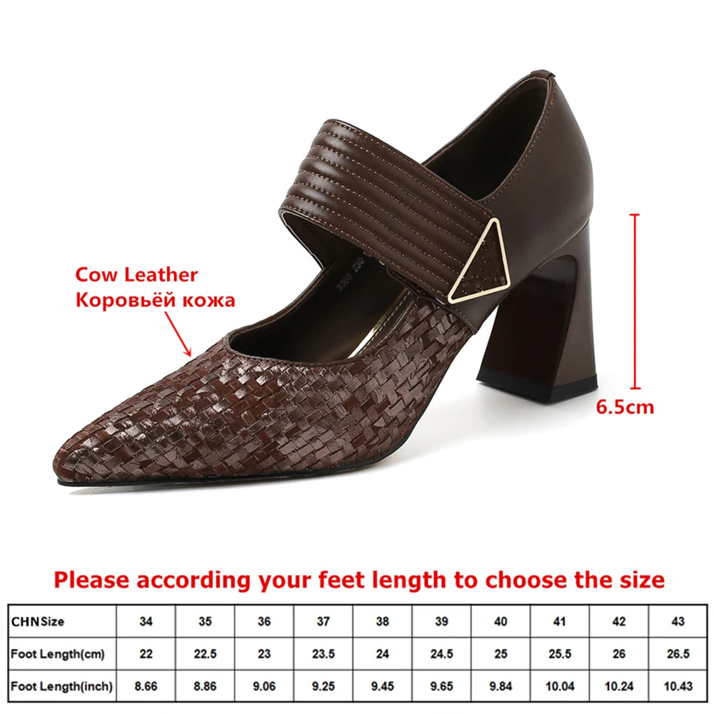 Aucegi Classic Chunky Hight Heels Woman Genuine Leather Woven Cow Suede Pumps Pointed Toe Elegant  Magic Paste Party Shoes