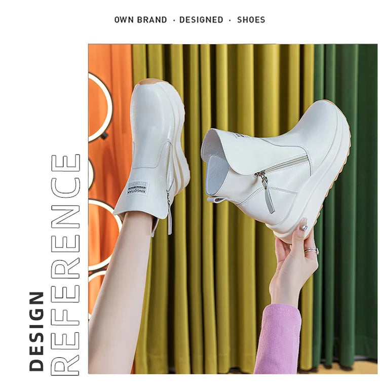 9cm White Black Women Ankle Boots Platform Wedge Heel Booties Shoes Microfiber Leather Spring Winter Fashion Sneakers High Top