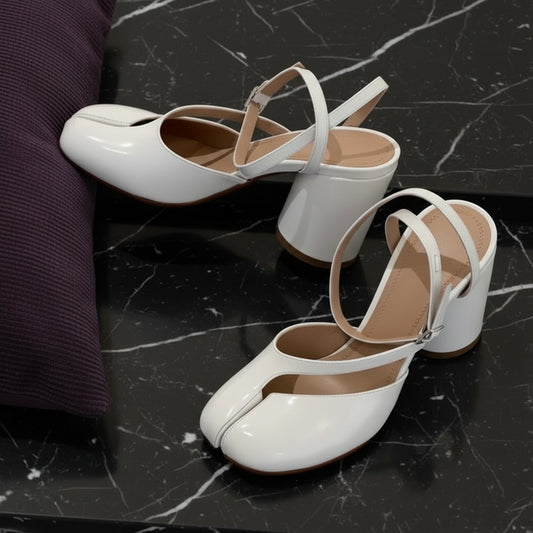 2025 New Fashion Patent Leather Cross Strap Tabi Women Sandals Summer Slingbacks Split toe Thick High heels Chunky Shoes Sandals