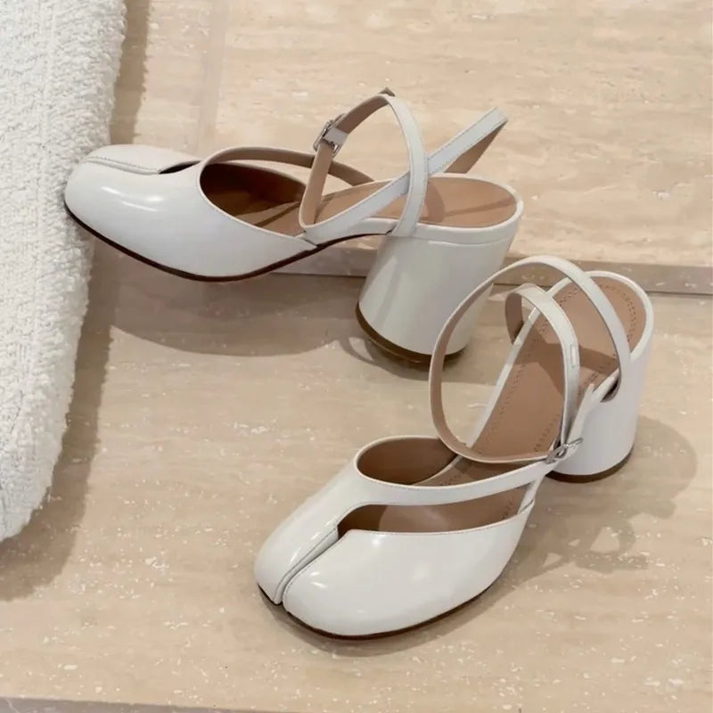 Ins style Fashion Patent Leather Split Toe Women Pumps Spring Summer Thick High heels Slingbacks Female Tabi Chunky Casual Shoes