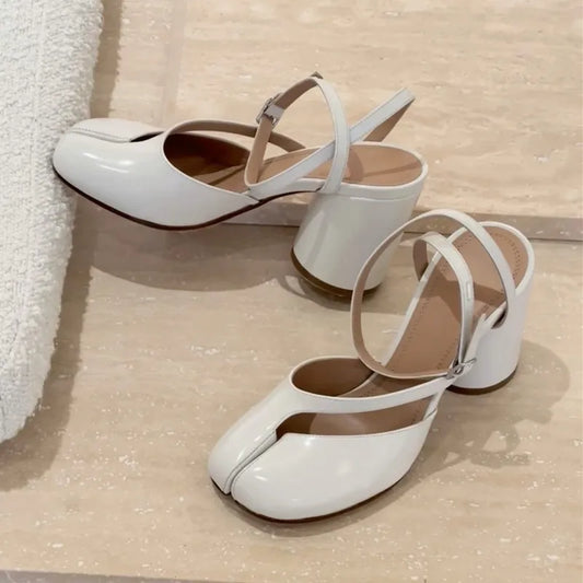 Ins style Fashion Patent Leather Split Toe Women Pumps Spring Summer Thick High heels Slingbacks Female Tabi Chunky Casual Shoes