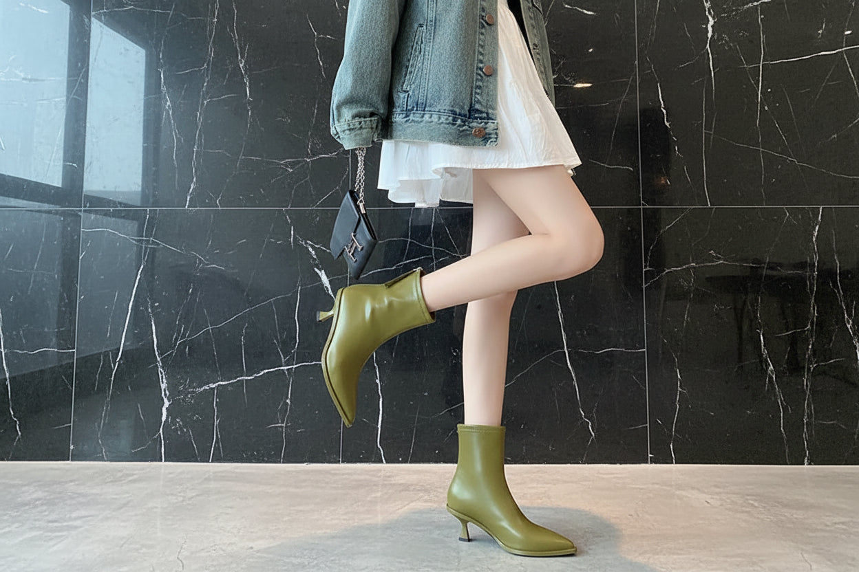 Chic Leather Women Ankle Boots Autumn Winter Office Lady Pointed Toe Thin High Heels  Short Booties Army Green