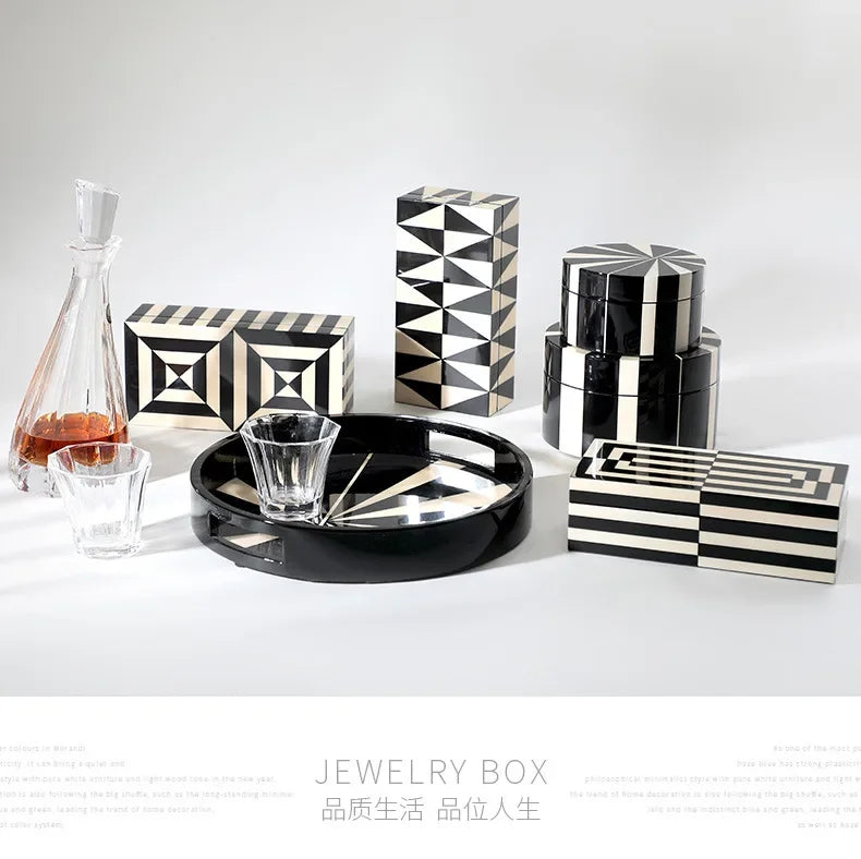 Elegant Glossy Piano Lacquer Home Decor Black White Stripes Jewelry Organizer Box Tray Display Stand Stylish Storage Decorative