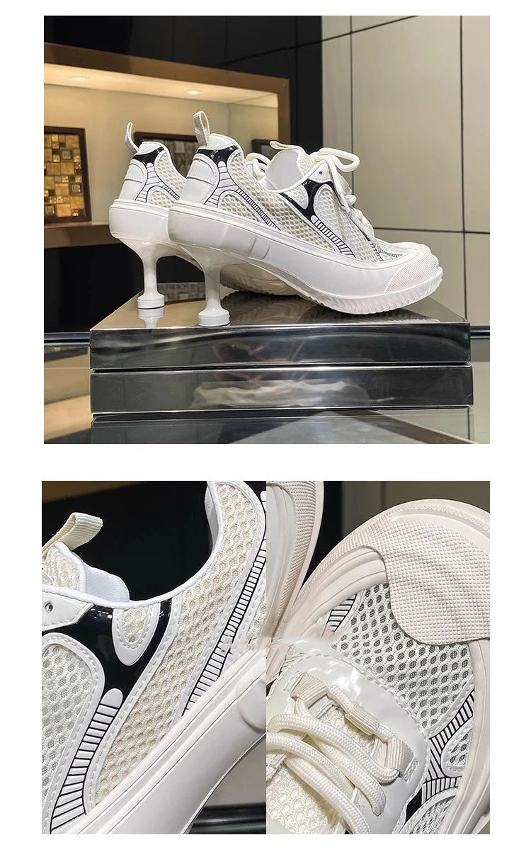 Summer Adult Girls High Heeled Dad Shoes Women Spring Versatile Breathable Lace up Casual Shoes Fashion Sports Mesh High Heels