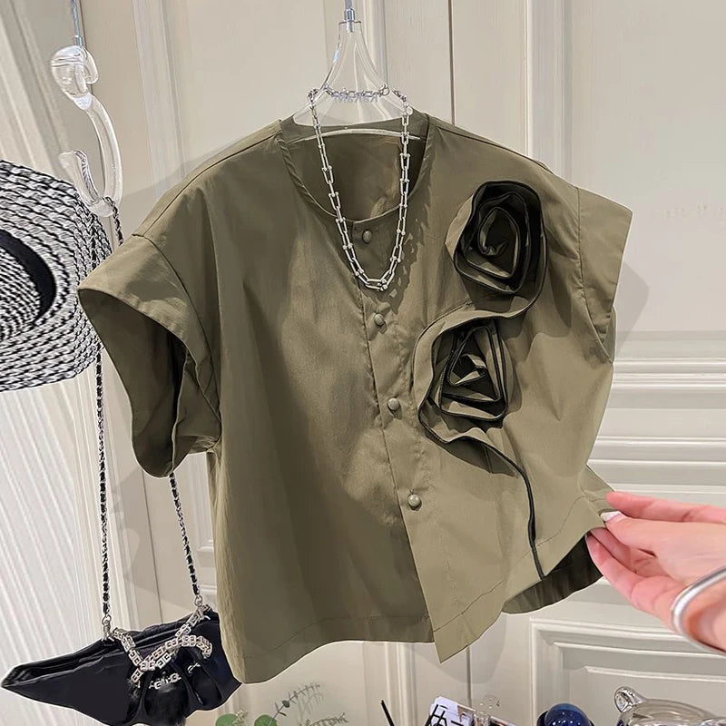 ZANZEA 2025 Summer Blouses Women Three-D Flowers Shirts Short Sleeve Blusas Chic Round Neck Shirts Casual Loose Colorblock Tops