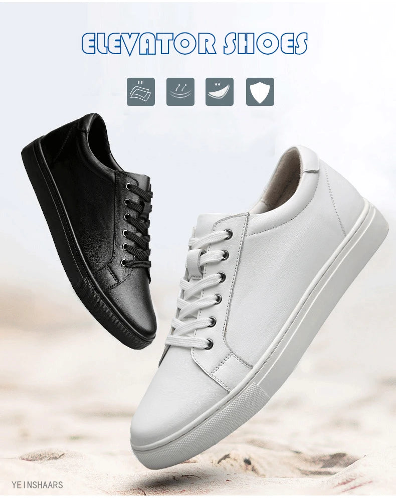 Man Elevator Shoes Height Increase Insoles High Heels Shoes 5-6CM Shoes Tall Shoes White Genuine Leather Shoes Men Sneakers