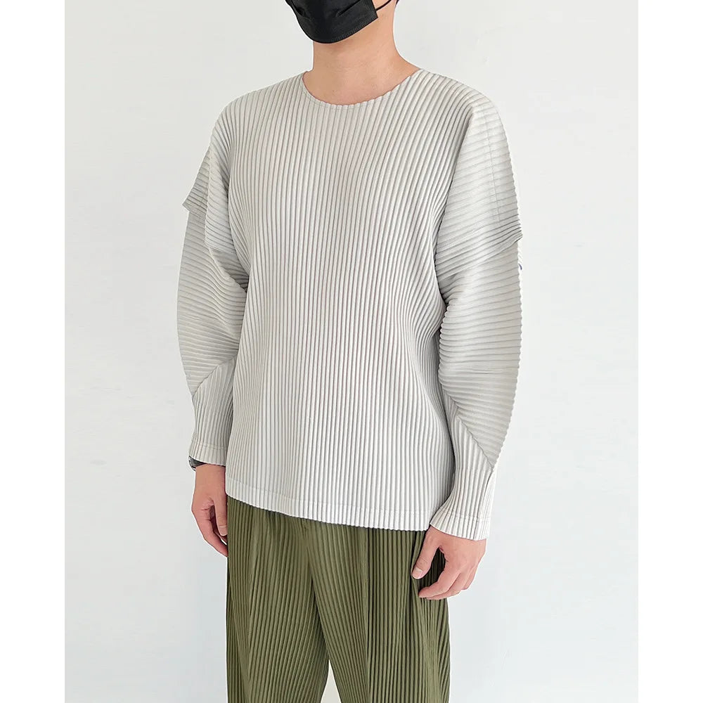 Autumn Summer New Original Miyake Pleated Men's T-shirt Long Sleeves O-neck Solid Color Casual Loose Style Fashion Male Tops