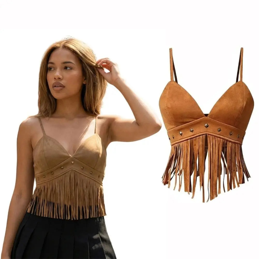 Vintage Faux Suede Women Crop Top V Neck Spaghetti Strap Fringe Vest Tassel Trimmed Cowgirl Style Sleeveless Vest for Women