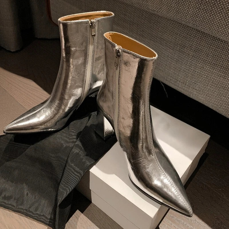 2025 New Women's Fashion Chunky Single Boots Fall New Pointy Bright Side Zipper Comfortable High Heel Ankle Boots