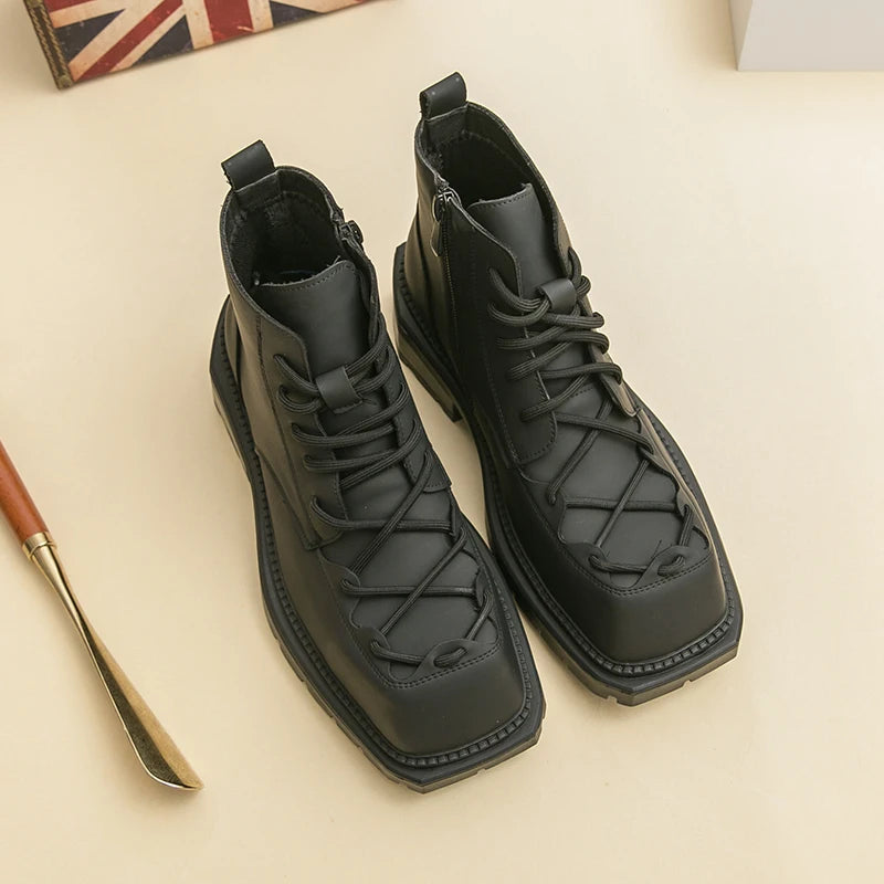 Autumn New Men Comfortable Lace Up Side Zipper High Top Leather Shoes Fashion Brand Round Toe Thick Soled Non Slip Outdoor Boots
