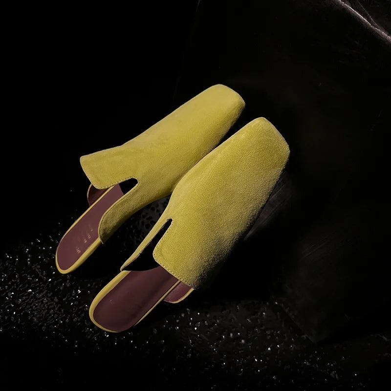 New Genuine Leather Kid Suede Flat Shoes Slippers Women Covered Toe Natural Leather Casual Slippers Female Daily Walk Slippers