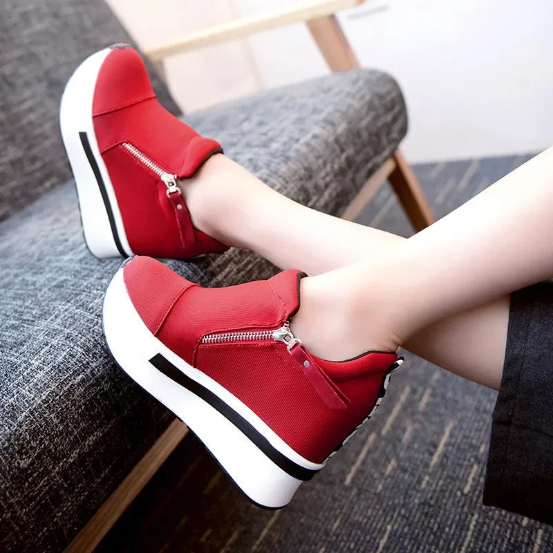 2024 Platform Sneakers Women Red Casual Comfortable Hidden Heel Shoe Black Canvas Shoes Wedge Heels Sneaker Tenis De Mujer