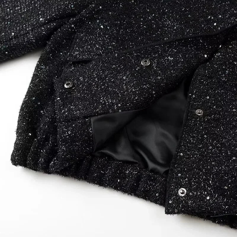 Women's Sequined Bomber Jacket Fall New Round Neck Long Sleeve Pocket Stretch Hem Sequins Jacket Coat Female Chic Outerwear