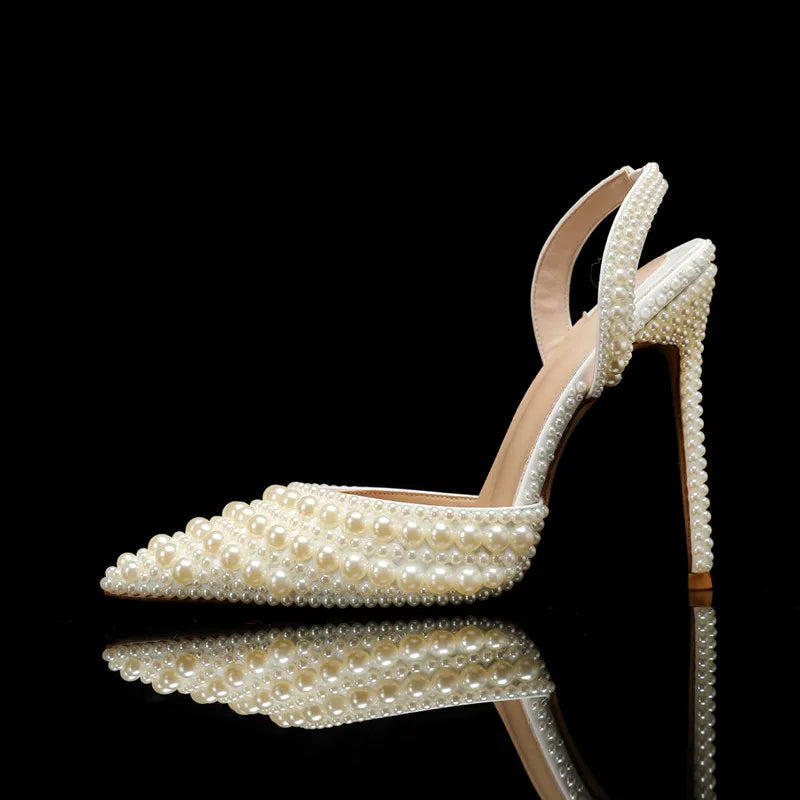 Luxury Handmade Full Pearls Wedding Women Pumps Elegant Pointed toe Slingbacks high heels Fashion Summer Party Bridal Shoes