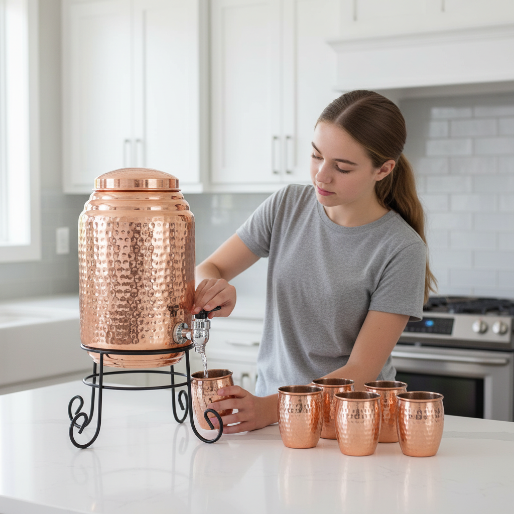 Ayurvedic. 100% copper water dispenser with base hammer design 5 liters