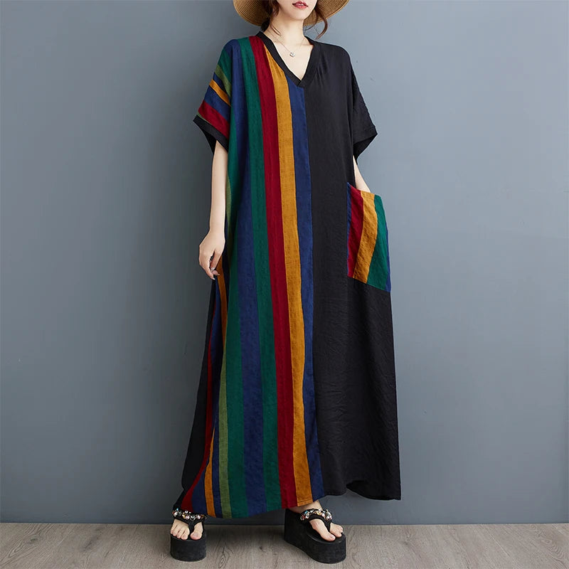 Long V-Ne ort Sve Printed Slimming Cotton Linen Dr Color Blo Casual Loose Fit Summer Faion plus Size Women