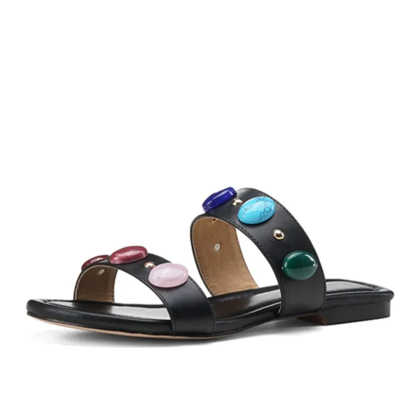 Dilalula Genuine Leather Bohemia Style Casual Slippers Women Peep Toe Low Heel Colorful Stone Decoration Slides Female Beach