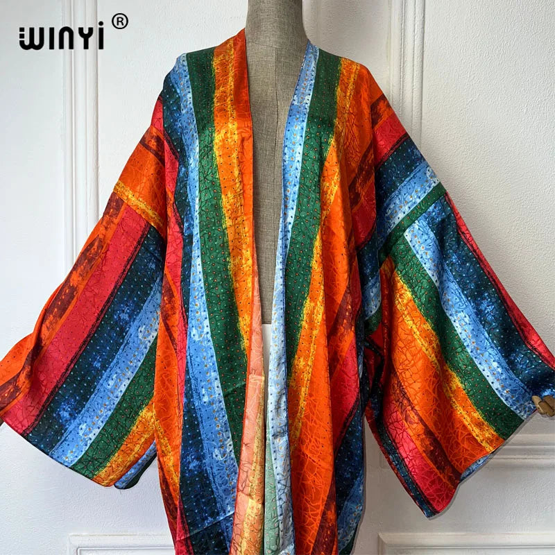 WINYI beach cover up print kimono Silk feel Dress Beach Wear Boho Cardigan abaya women muslim dress africa Long Sleeve coat