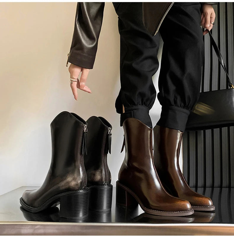 Ods New Women Genuine Leather Pointed Toe Knee High Boots Black White Brown Side Zipper Female Shoes Thick Heel Plus Size 42
