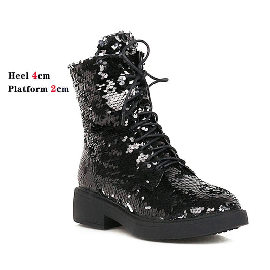 New Autumn Winter Short Plush Warm Women Ankle Boots Low Heel Zipper Casual Shoes Discoloration Sequined Cloth Multi-Color Shoes