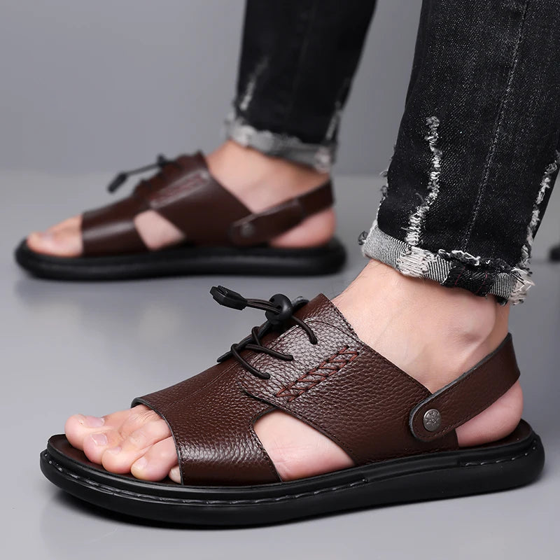 2026 Summer Fashionable Roman Style Comfortable Outdoor Soft Soled Leather Sandals New Men's Breathable and Non Slip Beach Shoes,