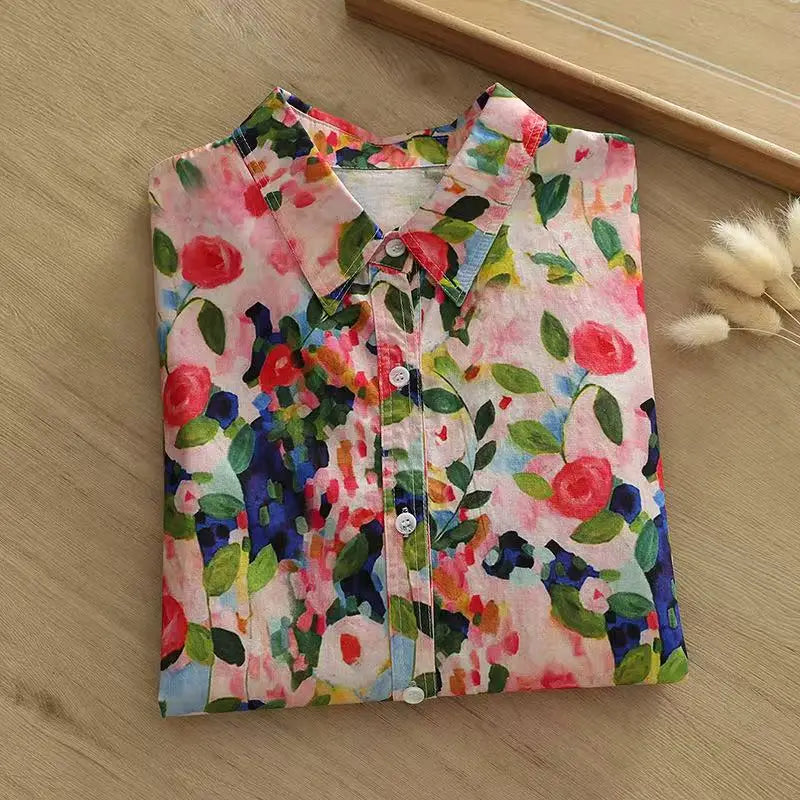100% Cotton Women's Long Sleeve Top Japanese Style Original Rose Oil Painting Print Shirts for Women Autumn Vintage Tops