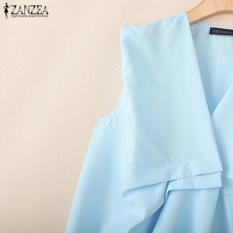 ZANZEA Trendy Pleated Design Women's Blue Tank Tops 2025 Summer Solid Color V-Neck Sleeveless Tops Streetwear 3 Colors S-3XL