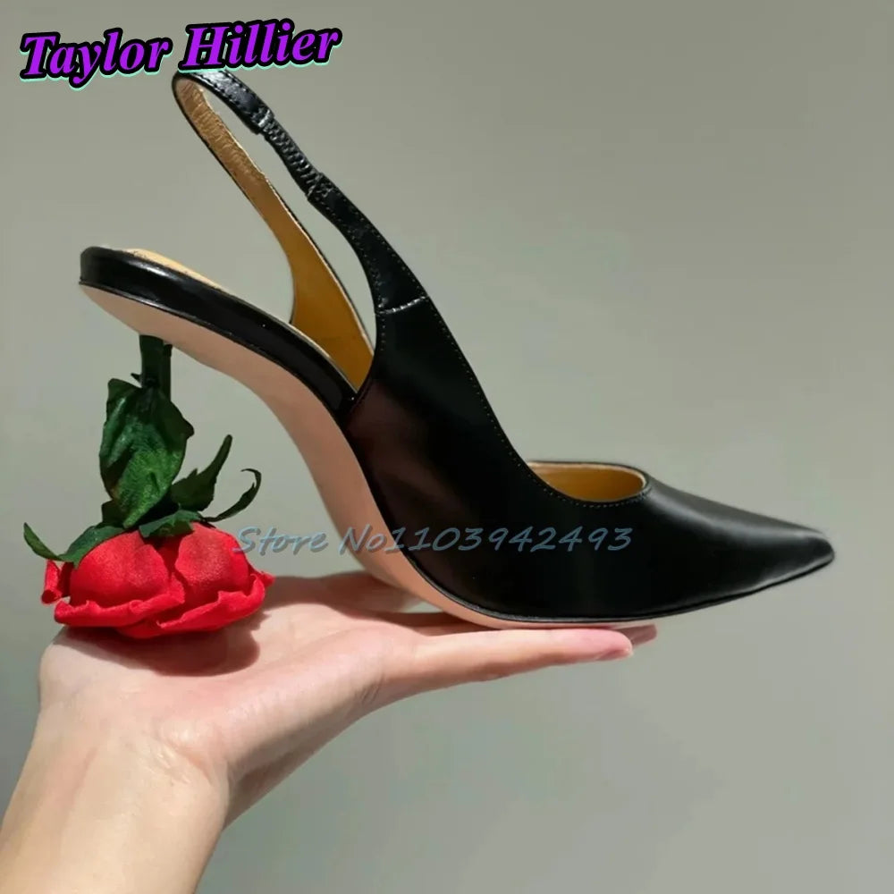 Sexy Rose Heeled Sandals Pointed Toe High Heels Red Blossom Strange Style Slingback Summer Shallow Solid Pull On Designer Shoes