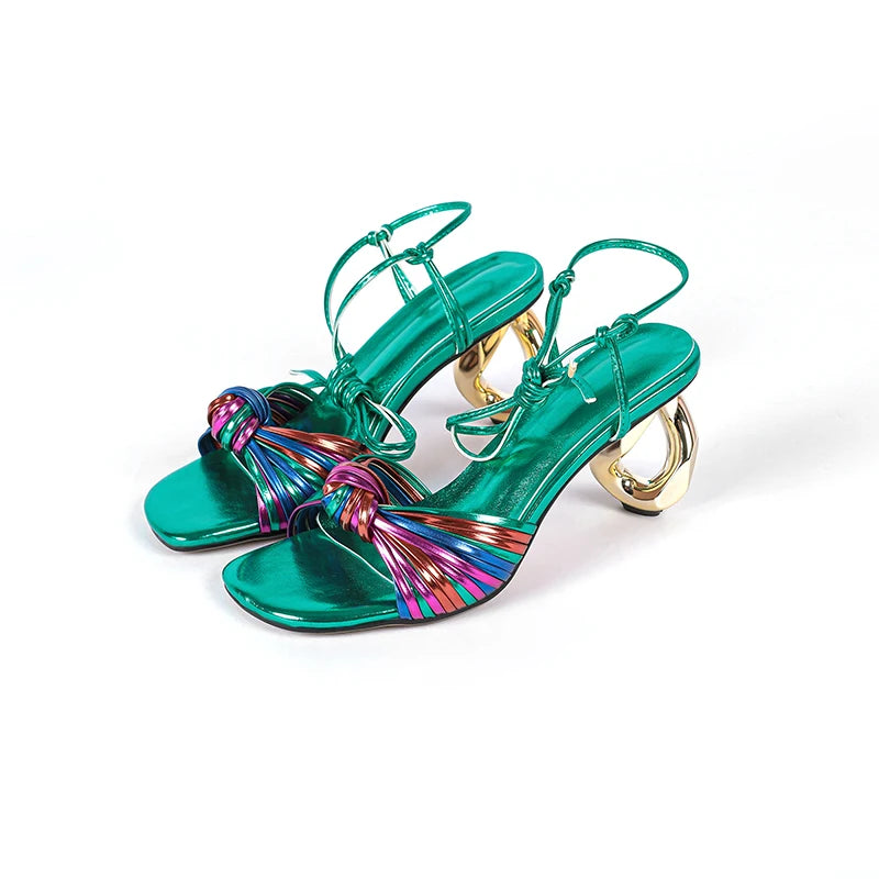 French Style Colorful Narrow Band Sandals Women High Strange Heels Ankle Wrap Party Wedding Sandals Ladies Dress