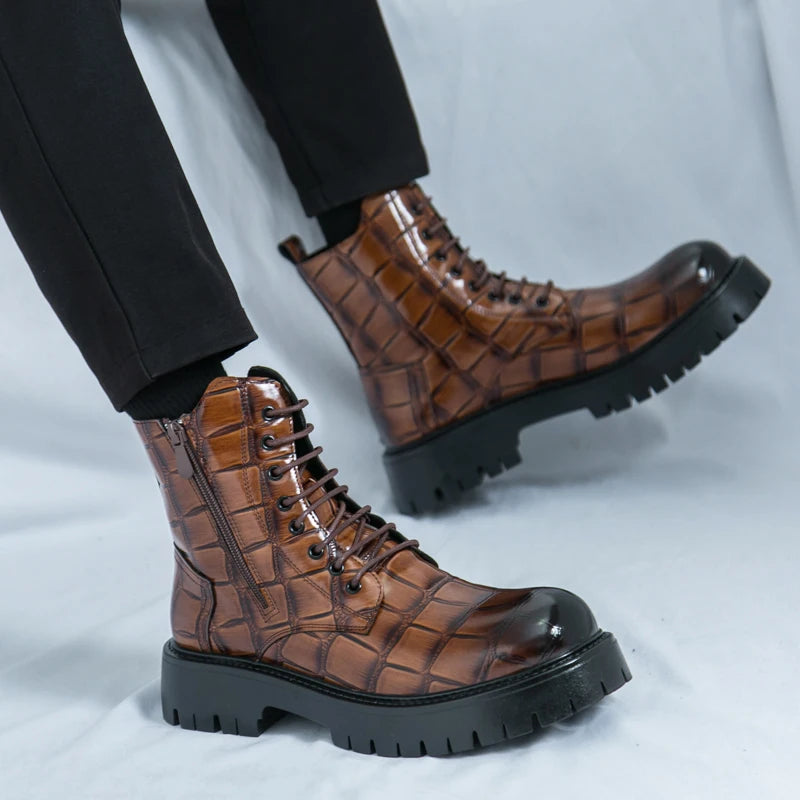 Luxury Brand Men's Autumn and Winter Crocodile Leather Side Zipper High Top Boots Fashionable New Men's Comfortable Short Boots
