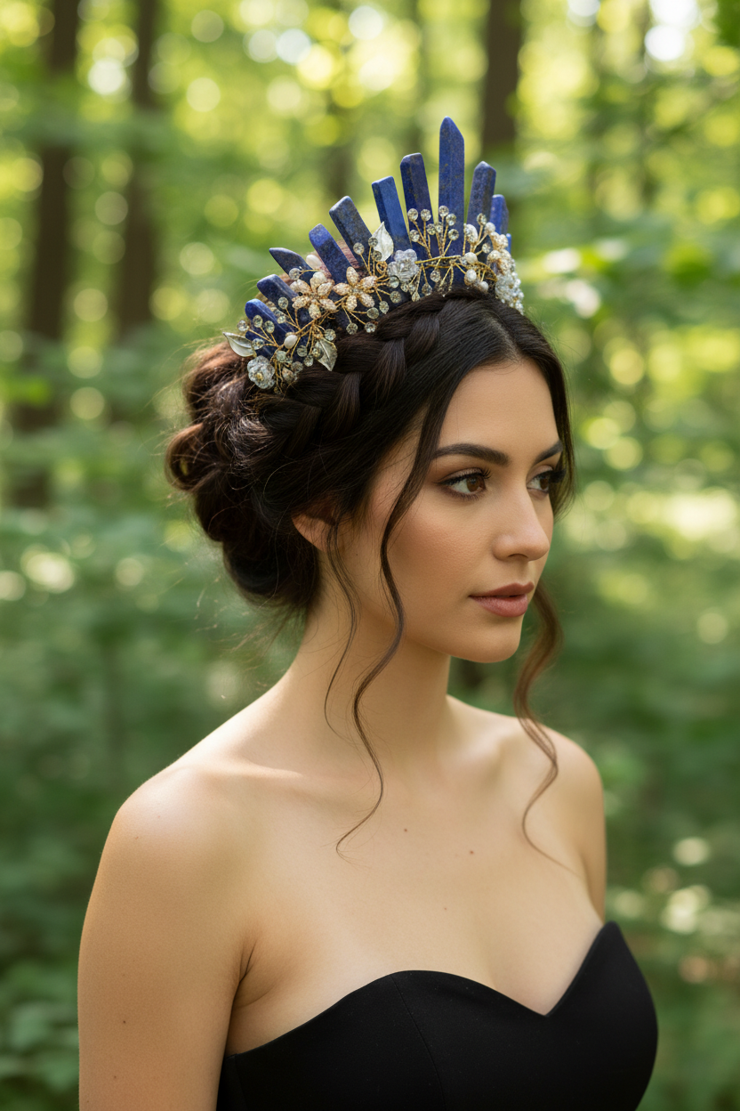 Natural Amethyst Quartz Crown Raw Stone Wand Hairpin with Flower Rhinestone Hand Crafted Women Hair Band for Party Birthday Gift