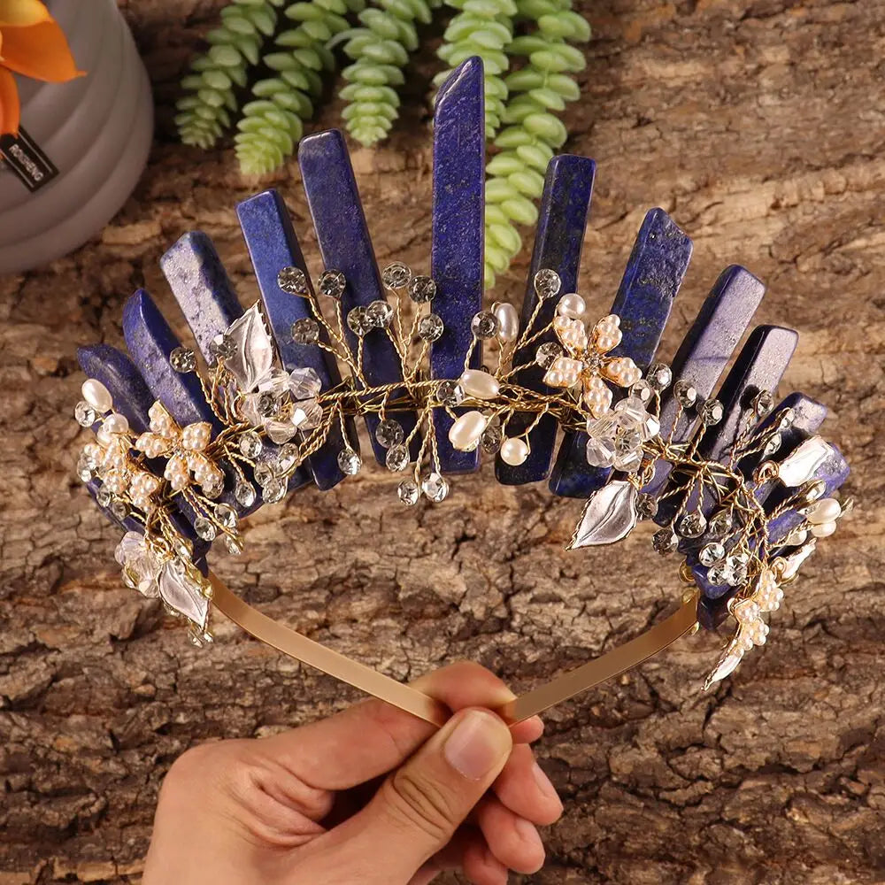 Natural Amethyst Quartz Crown Raw Stone Wand Hairpin with Flower Rhinestone Hand Crafted Women Hair Band for Party Birthday Gift