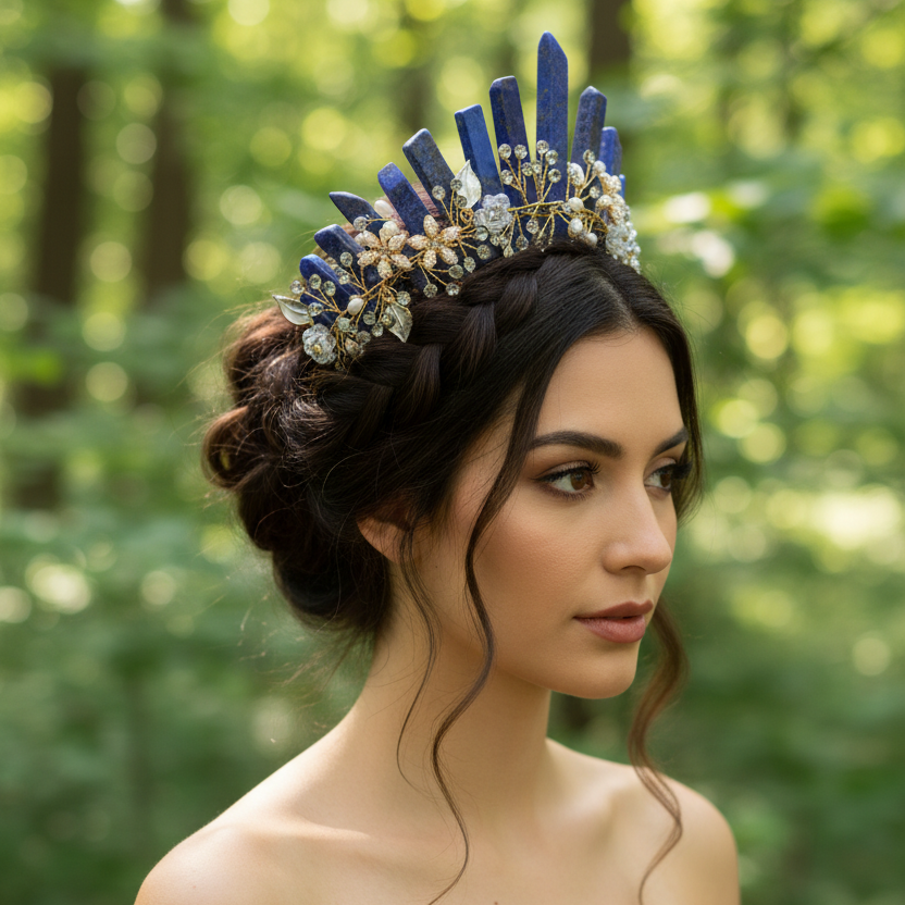 Natural Amethyst Quartz Crown Raw Stone Wand Hairpin with Flower Rhinestone Hand Crafted Women Hair Band for Party Birthday Gift