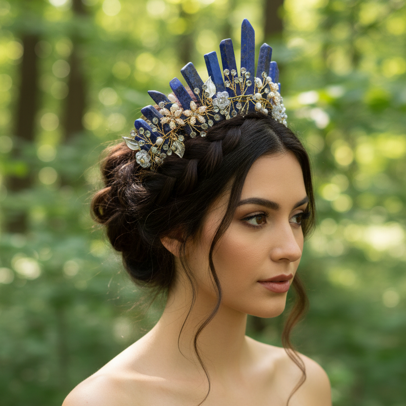 Natural Amethyst Quartz Crown Raw Stone Wand Hairpin with Flower Rhinestone Hand Crafted Women Hair Band for Party Birthday Gift