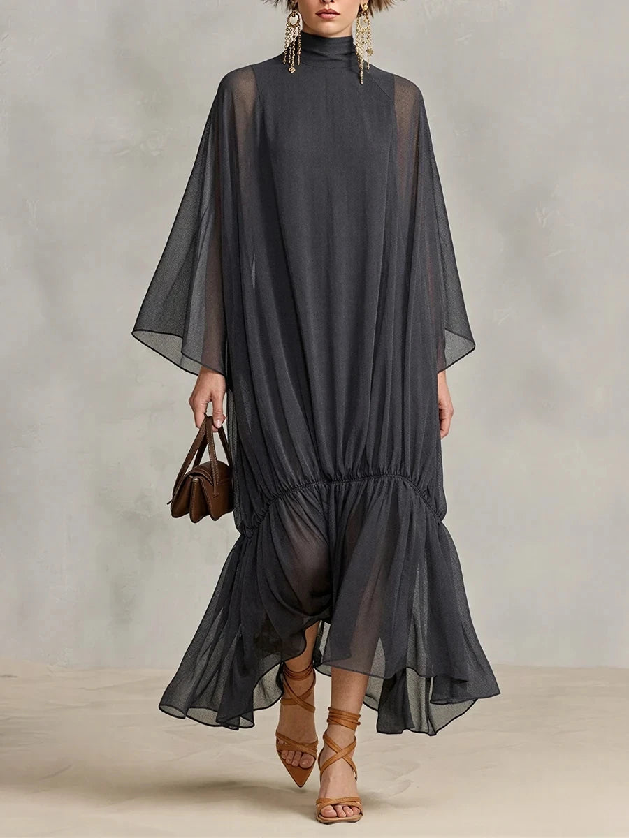 Elegant Women Sheer Chiffon Maxi Dress Turtleneck Batwing Sleeve Loose Flowy Ruffle Long Dress Casual Holiday Party Dresses