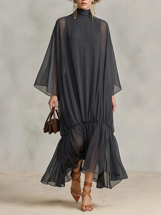 Elegant Women Sheer Chiffon Maxi Dress Turtleneck Batwing Sleeve Loose Flowy Ruffle Long Dress Casual Holiday Party Dresses