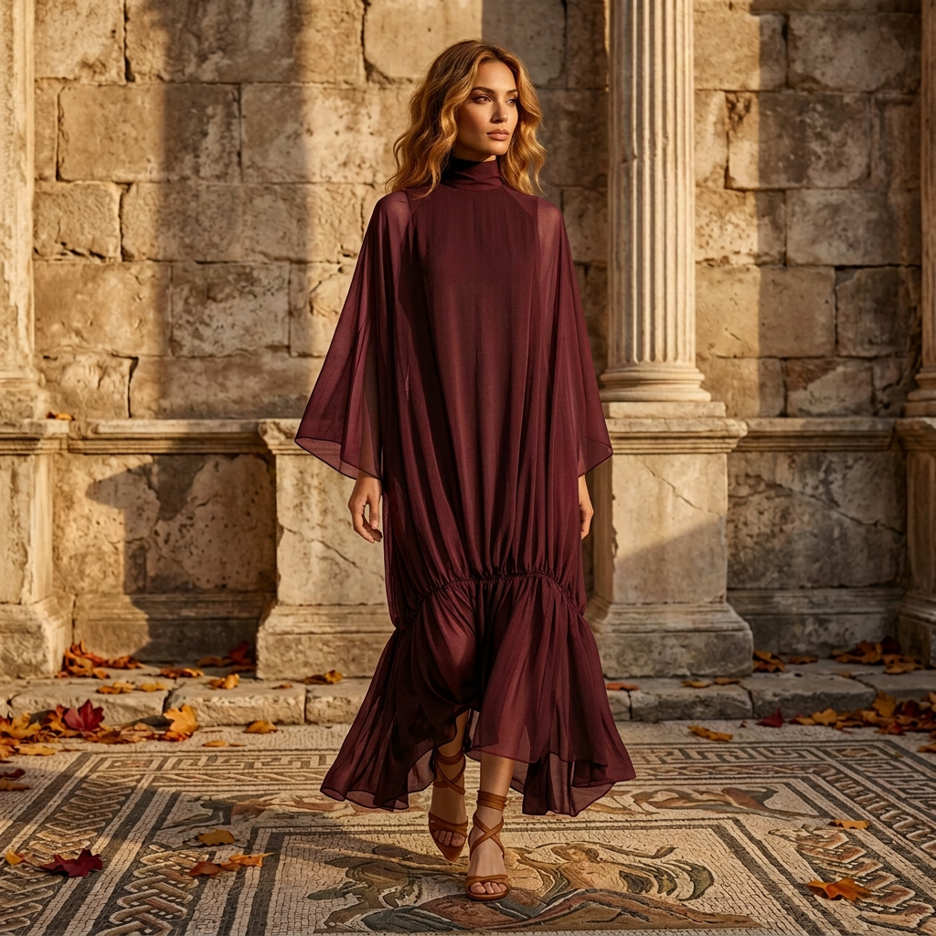 Elegant Women Sheer Chiffon Maxi Dress Turtleneck Batwing Sleeve Loose Flowy Ruffle Long Dress Casual Holiday Party Dresses