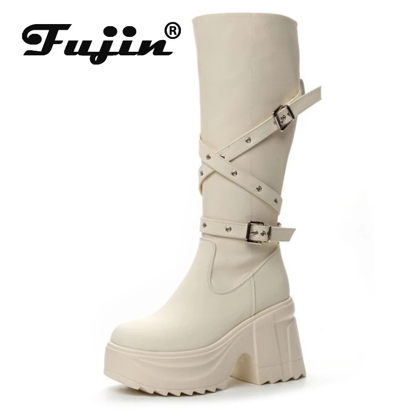 Fujin 10cm Microfiber Women Boots British Boots ZIP Synthetic Leather Ankle Spring Platform Wedge Knee High Fashion Autumn Shoes