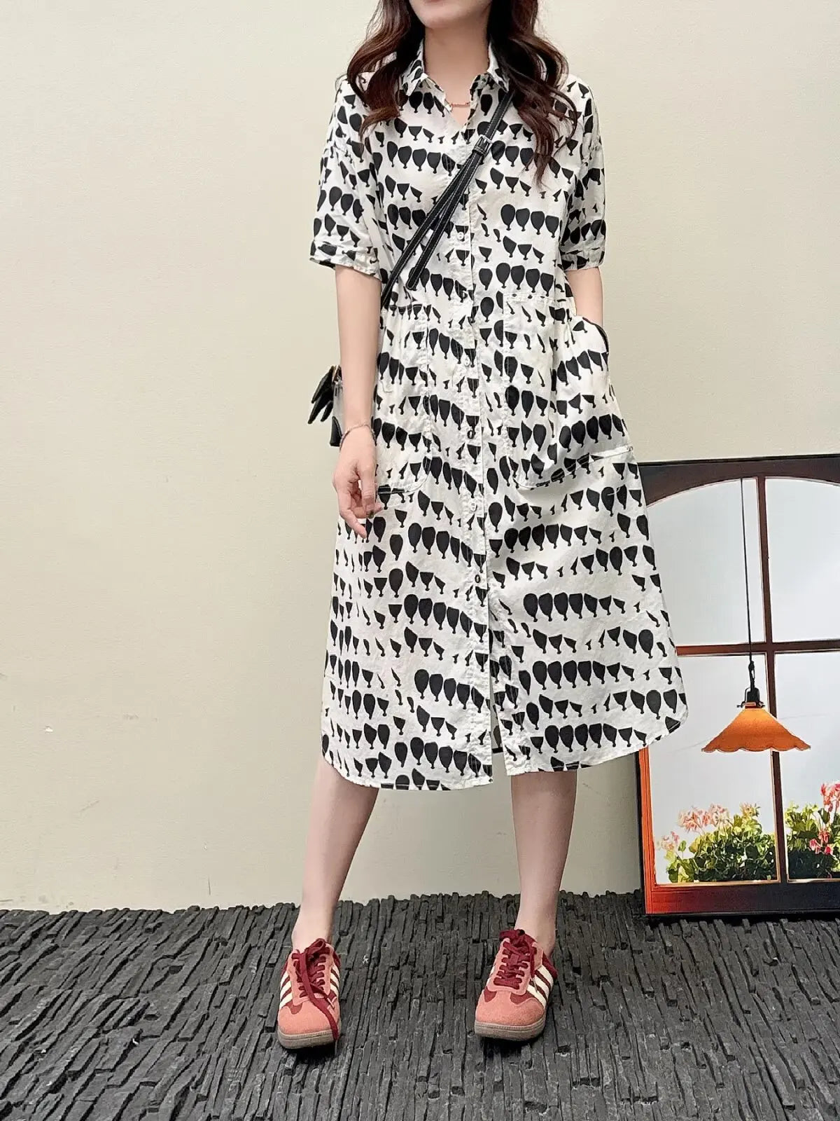Summer dresses 2025 Japan harajuku fashion 100% cotton short sleeve green black white geometric pattern shirt dress