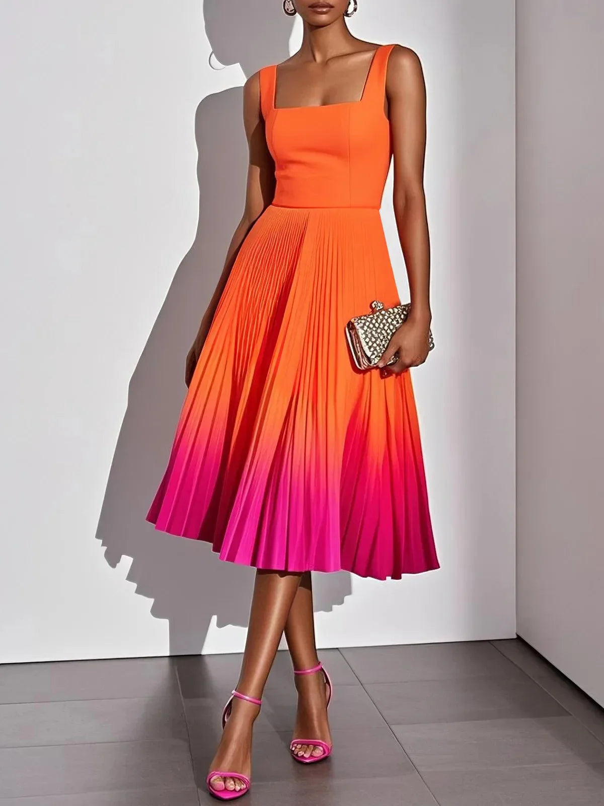 Square Neck Wide Strap Fitted Bodice Gradient Pleated Flared Midi Dress  A Line Elegant Cocktail Party Knee Length Gown